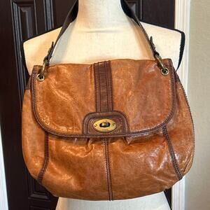 Vintage Fossil Two Tone Brown Leather Shoulder Bag